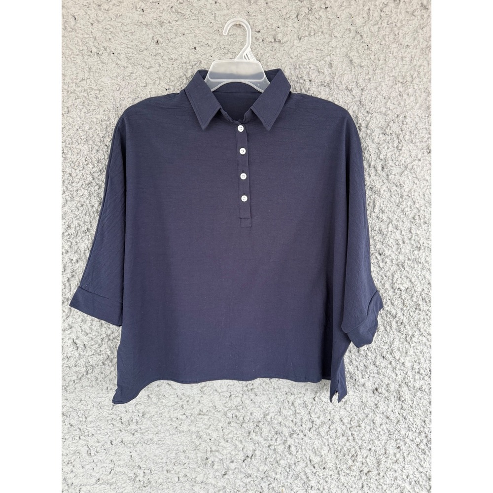 Navy Blue 100% Cotton Oversized Dolman Sleeve Polo Shirt 2XL Boxy Cropped Top